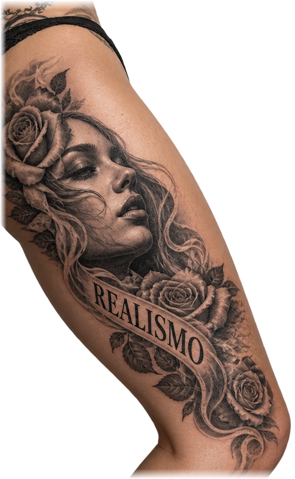 Pierna tatuada en black and grey con un retrato de mujer y rosas, donde se lee Realismo