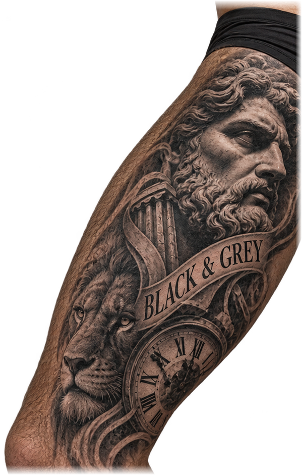 Pierna tatuada en black and grey con una escultura, un león y un reloj, donde se lee Black and Grey