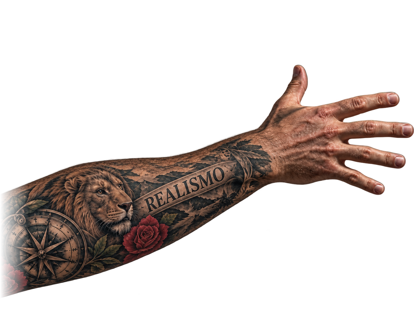 Brazo tatuado a color con un león, una brújula y rosas, donde se lee Realismo